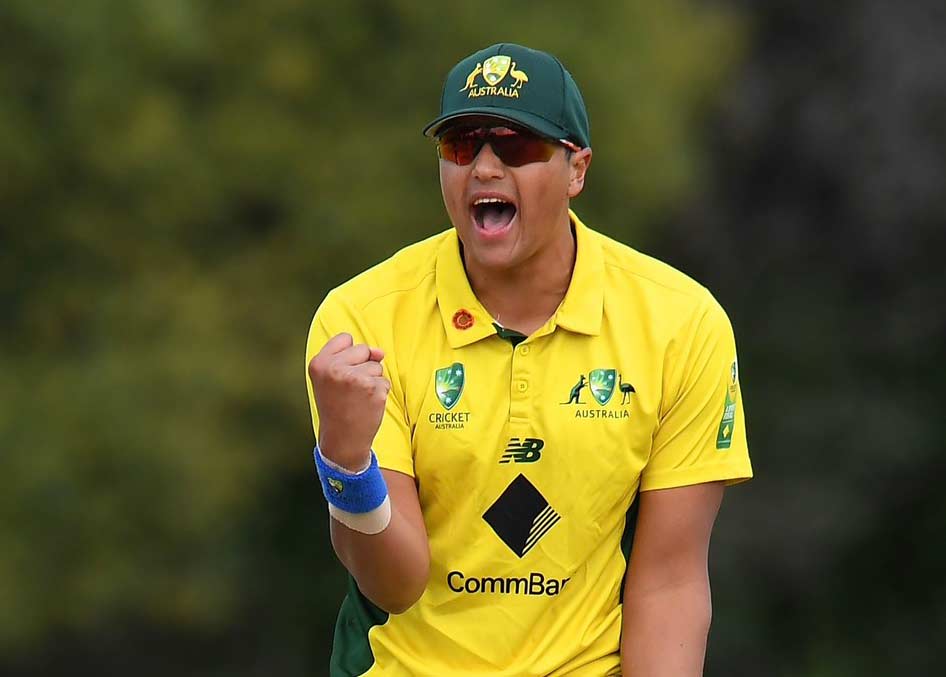 Ned Brewer-Maige celebrates a wicket for Australia