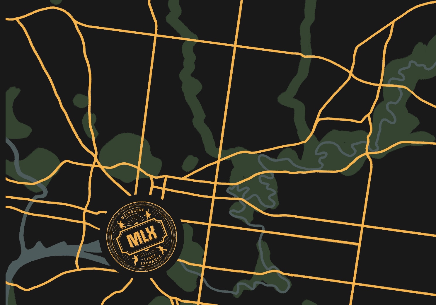 Stylised map of Melbourne, in the MLX colours