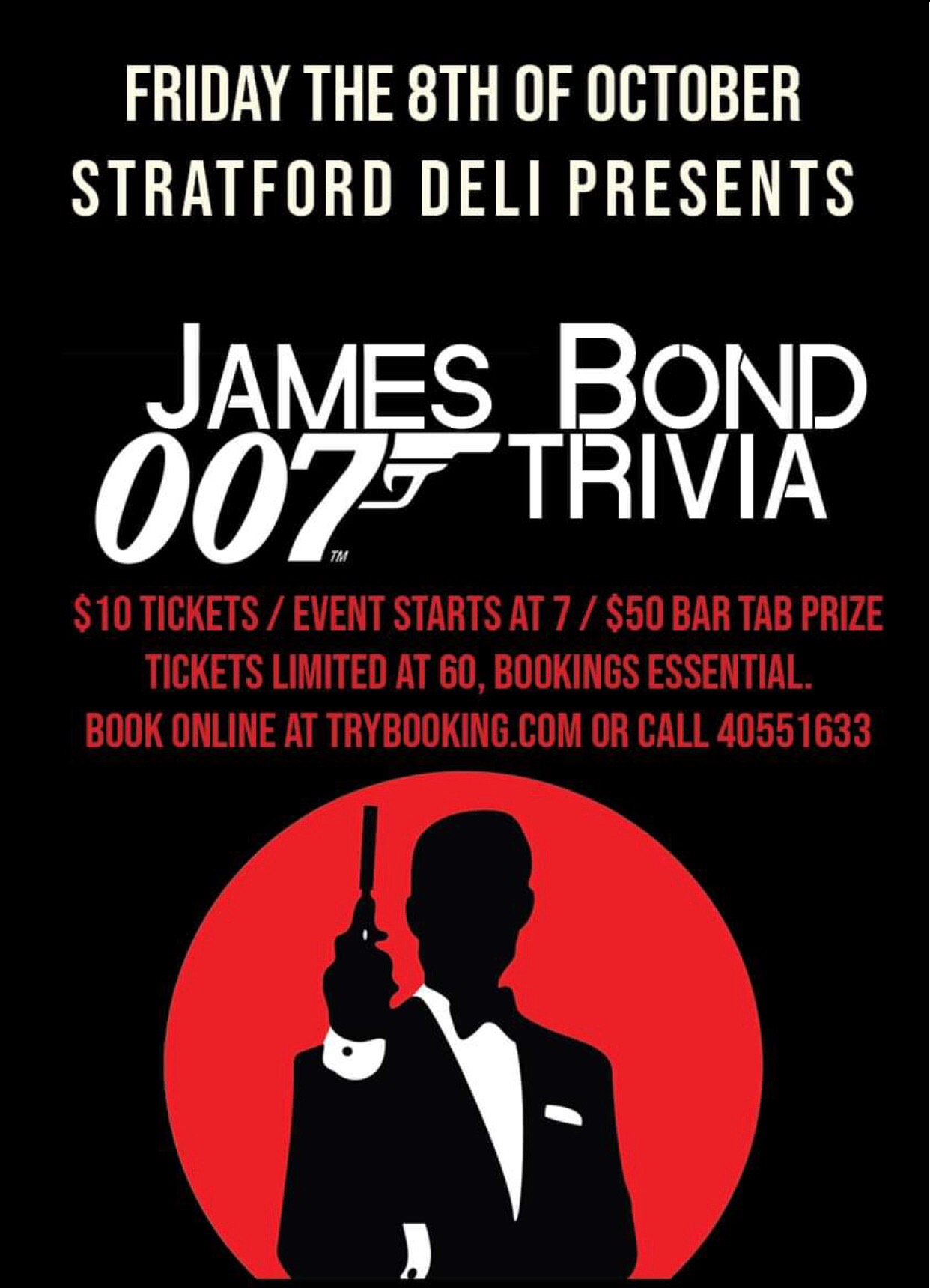 James Bond Trivia Night Tickets Stratford Deli Cairns Trybooking Australia