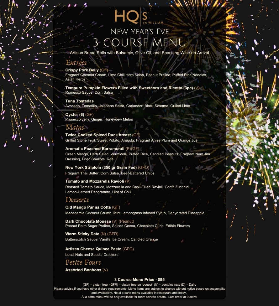 New Year's Eve 3Course Dinner at HQ's on William Tickets, HQ’s on