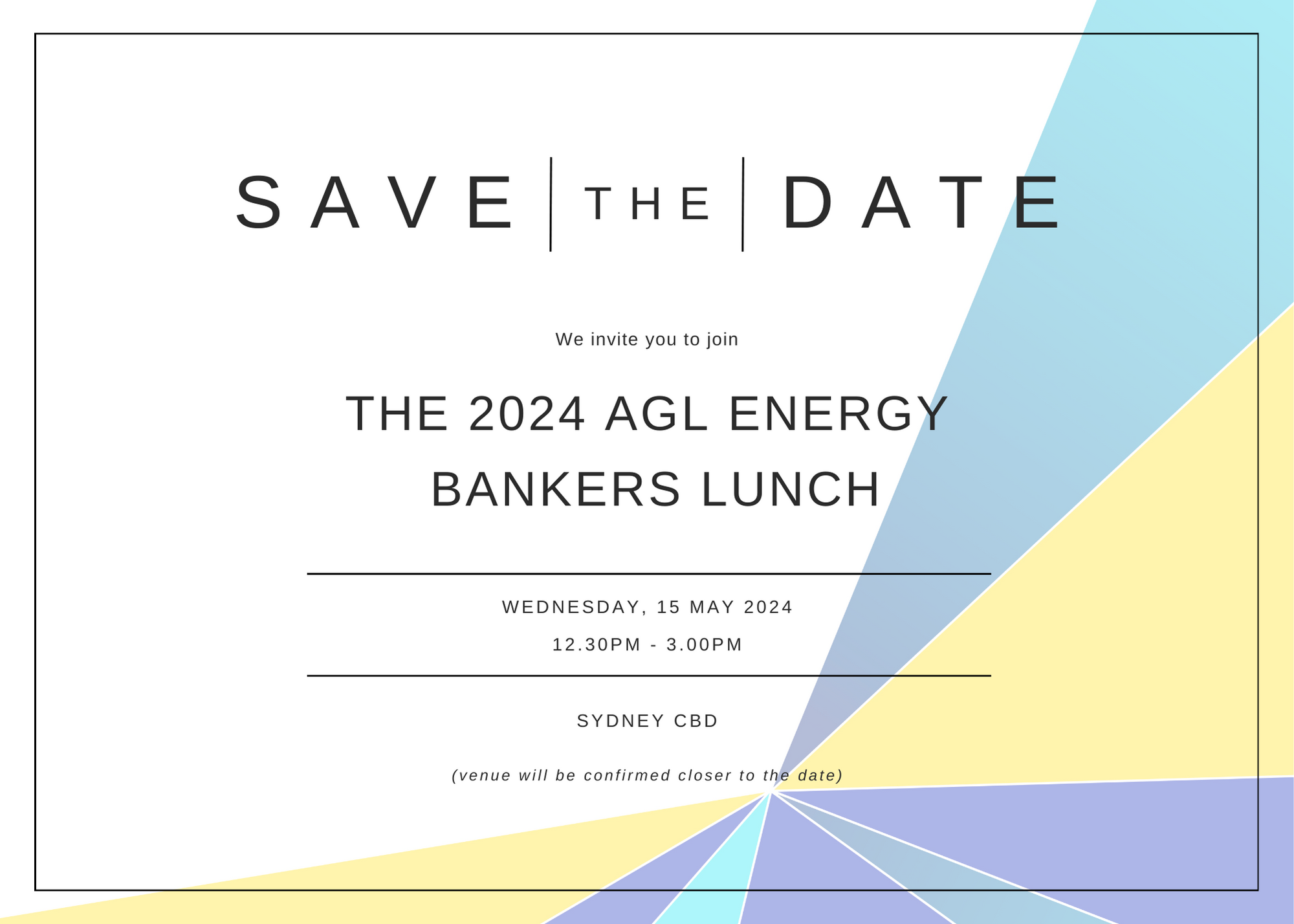 Save The Date 2024 AGL Energy Bankers Lunch Tickets Venue to be