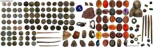 An image of the small finds from the drain, including Intaglio, Hairpins and Beads